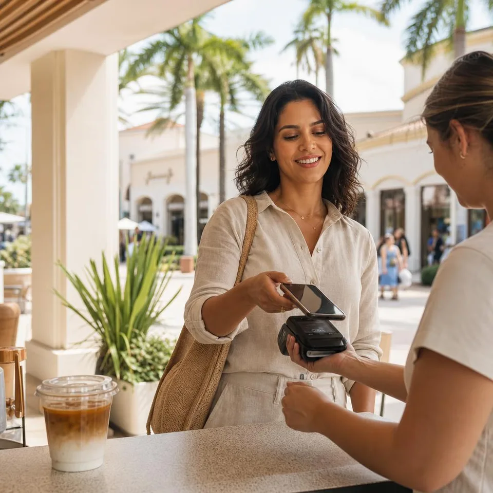 Illustrative scene of a Brazilian traveler using her phone to pay at a Florida cafe