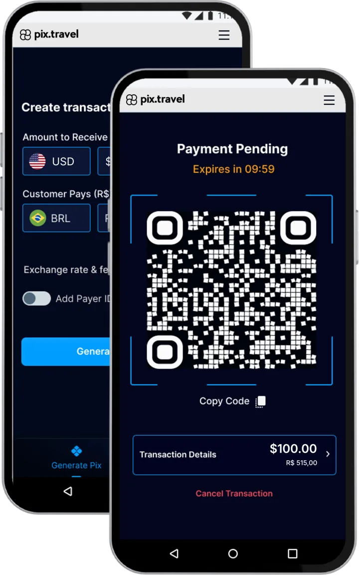 Phone showing the PIX.TRAVEL manual checkout with a Pix QR Code, expiry timer and transaction details