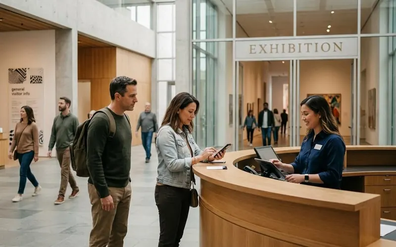 Visitors at the admission counter of a museum.