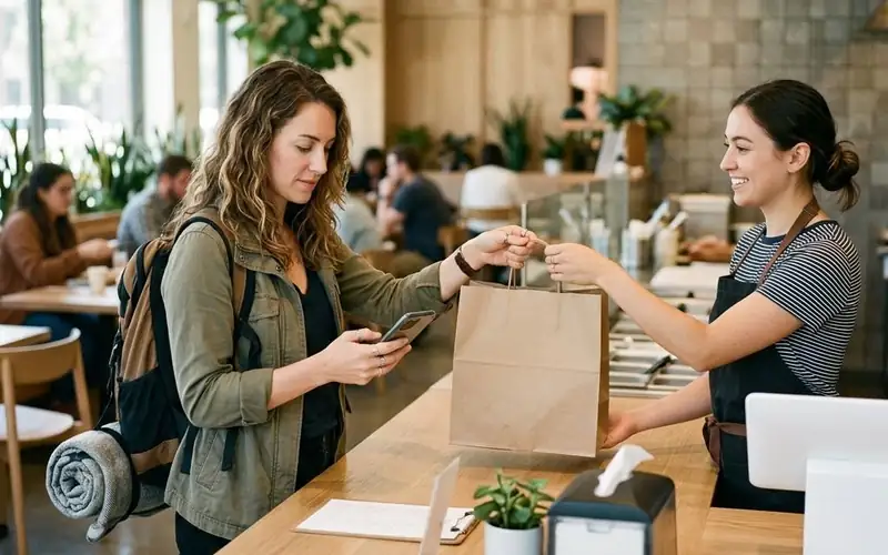 Illustrative takeaway bag pickup at a restaurant with a customer holding a phone.