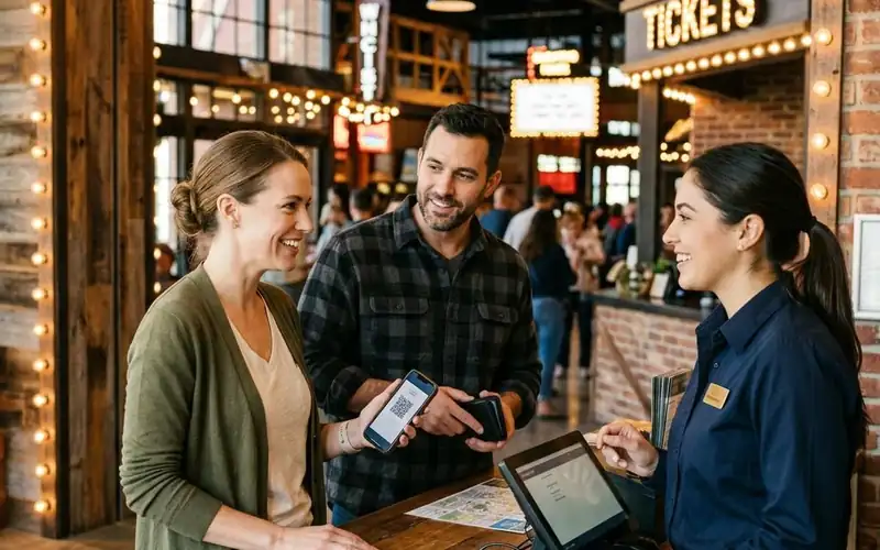 Illustrative entertainment venue ticket desk with a visitor using a phone.