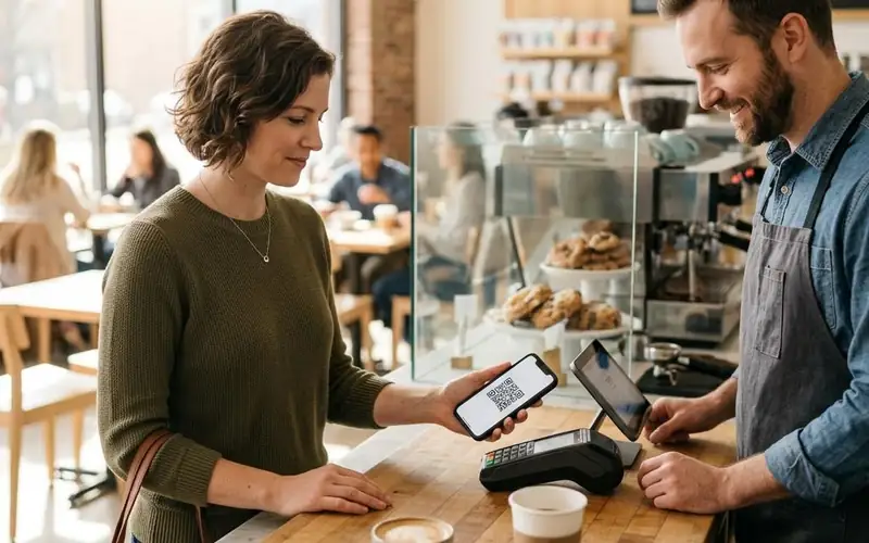 Traveler using a smartphone at a café counter.