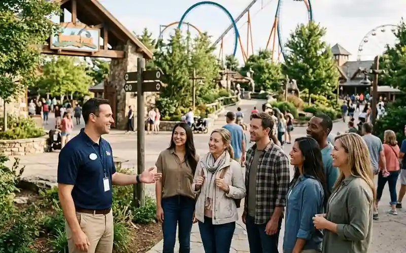 Illustrative guide with a group of travelers at a theme park entrance.